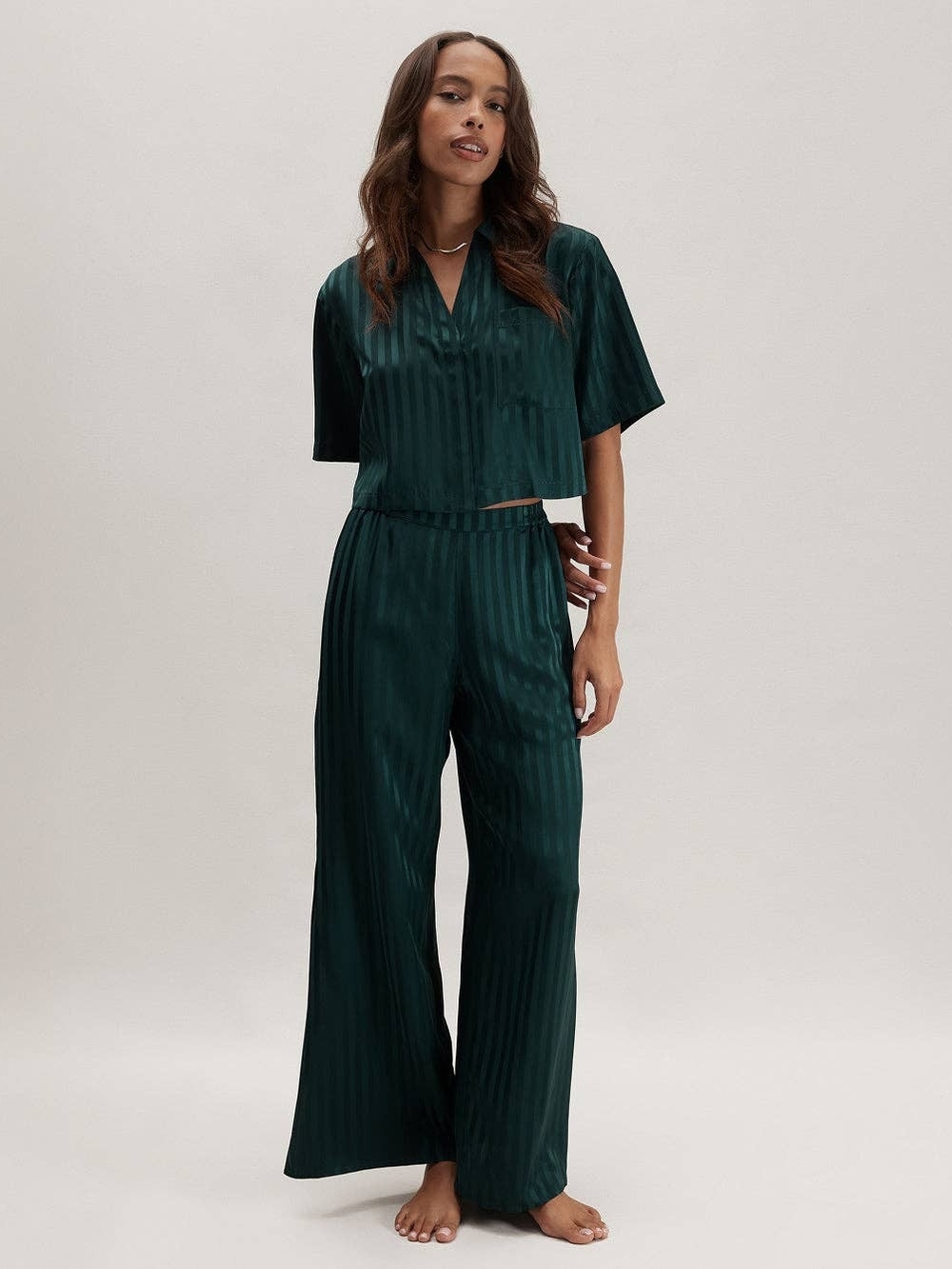 Lunya Deep Green Striped Silk Jacquard Pajamas Size L